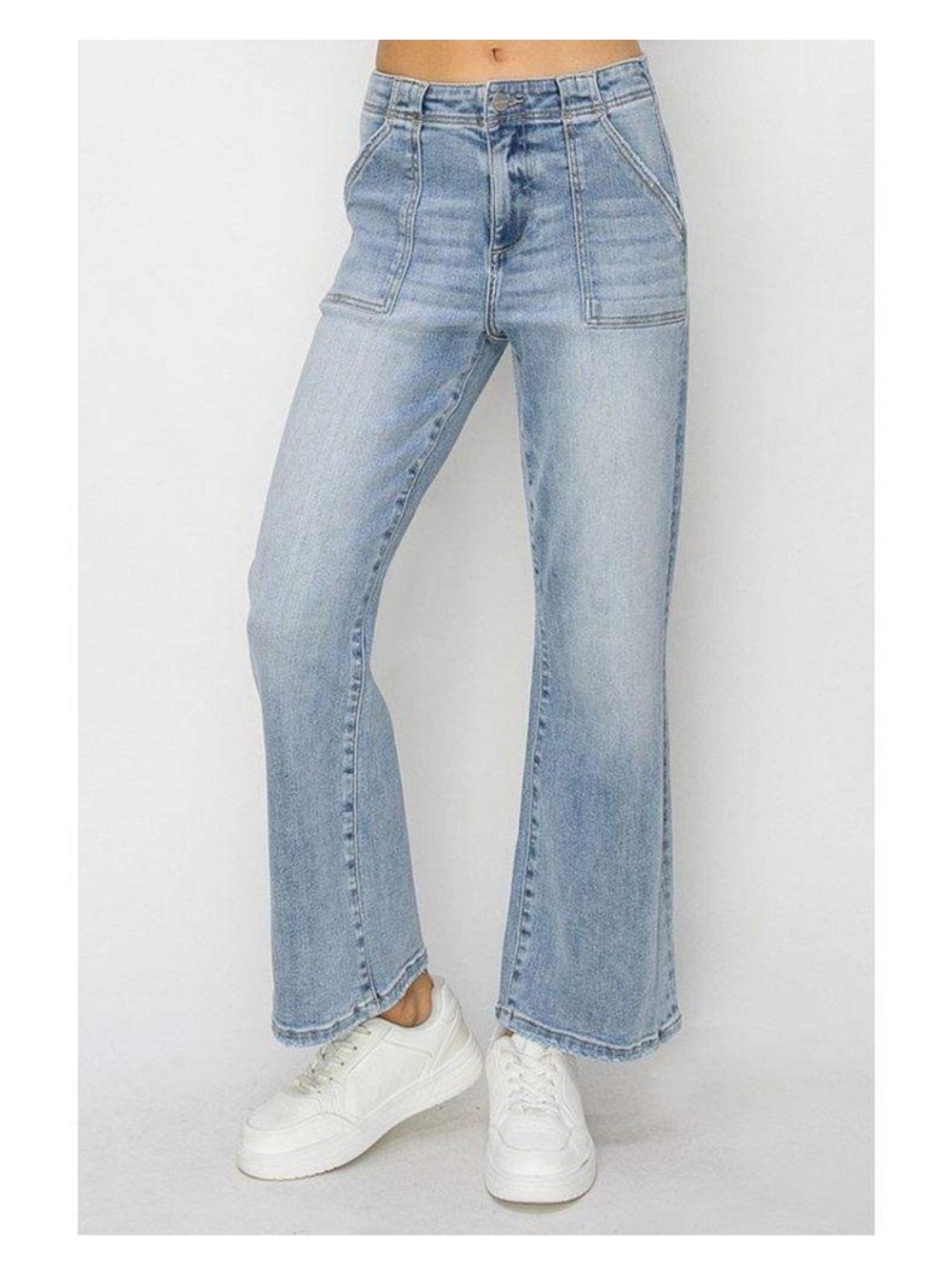 Risen High Rise Ankle Flare Jeans Super Stretch Patch Pocket Light Wash 7/28